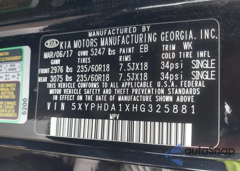 2017 Kia Sorento 2.0T Ex z USA, uszkodzony, nr VIN 5XYPHDA1XHG325881